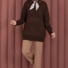 Polo Neck Knit Sweater with Scarf Detail Brown