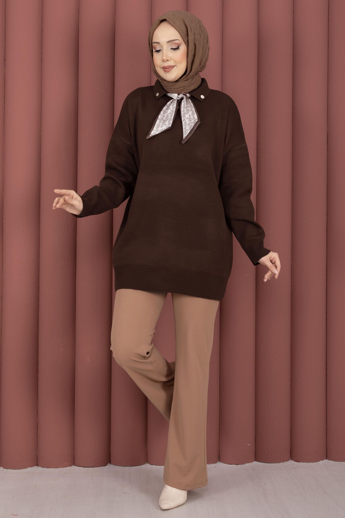 Polo Neck Knit Sweater with Scarf Detail Brown
