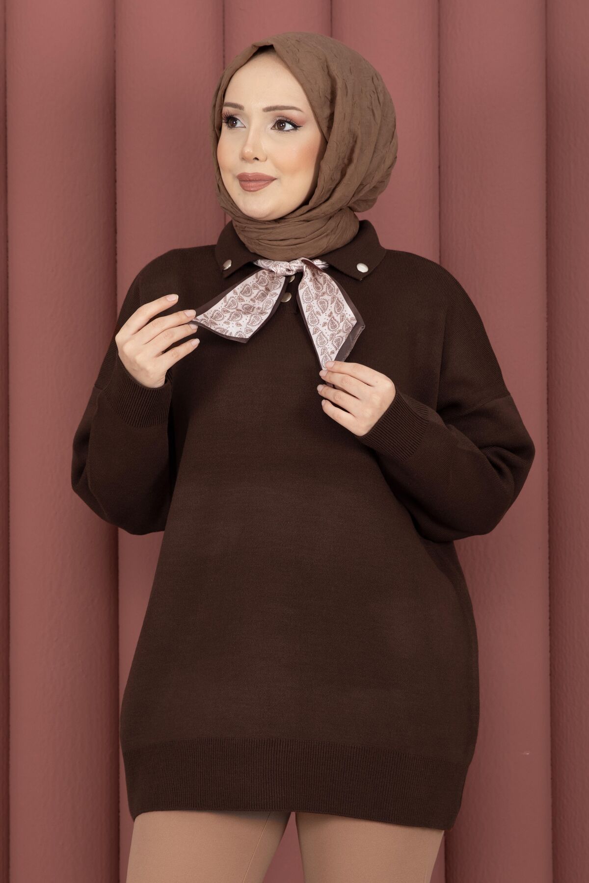 Polo Neck Knit Sweater with Scarf Detail Brown – Image 2