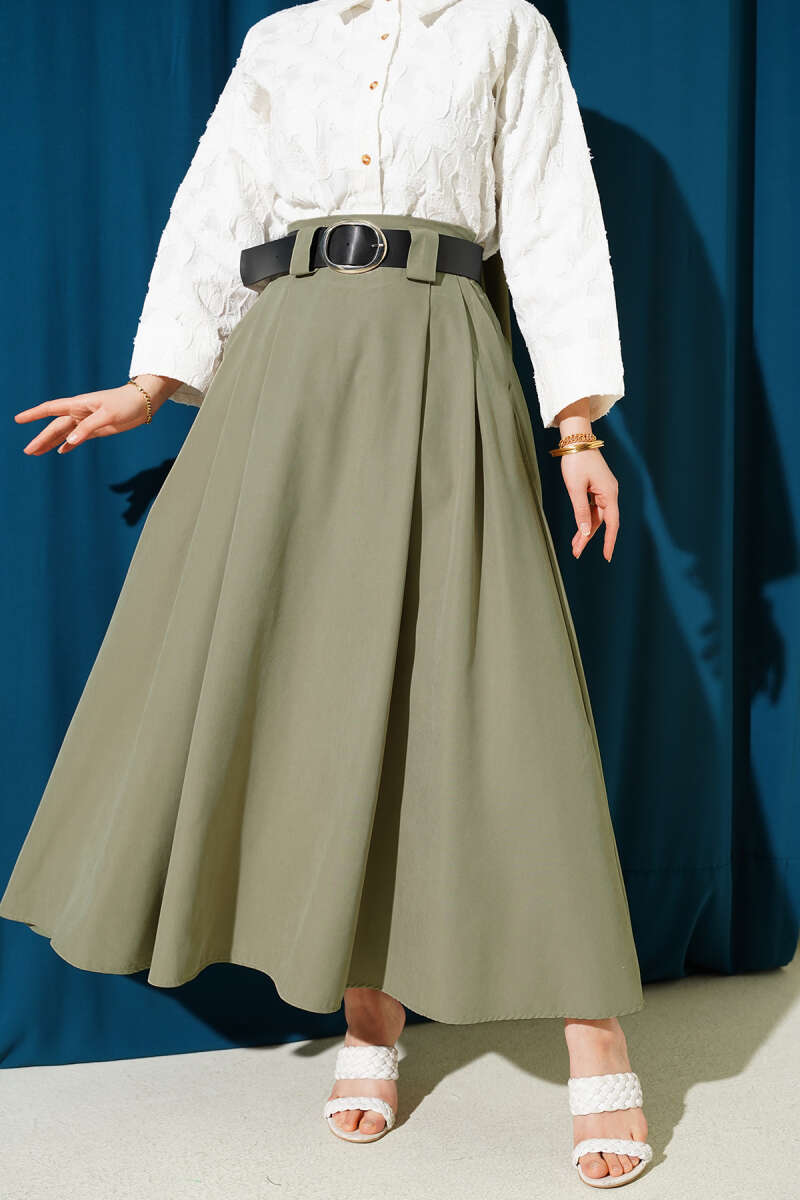 Wide Belted Pleated Tencel Skirt Hazel