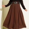 Wide Belted Pleated Tencel Skirt Brown