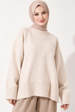 Wide-Sleeve Rib-Knitted Top Beige