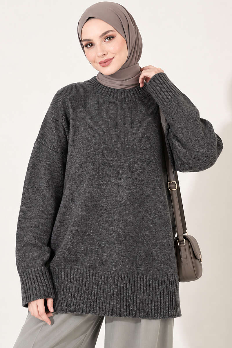 Wide-Sleeve Rib-Knitted Top Smoke