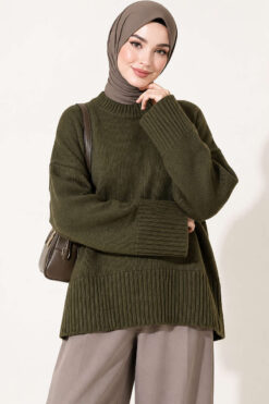 Wide-Sleeve Rib-Knitted Top Khaki
