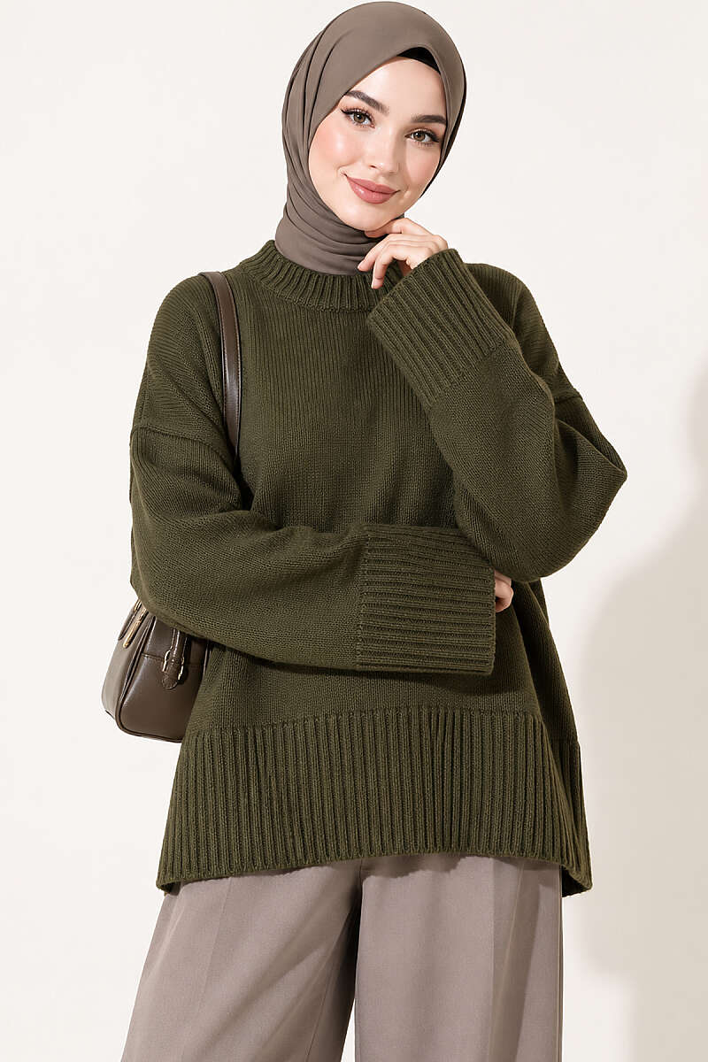 Wide-Sleeve Rib-Knitted Top Khaki