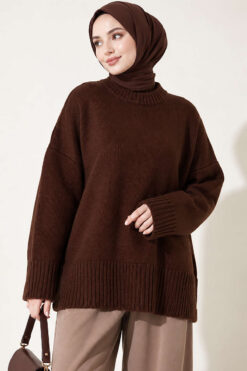 Wide-Sleeve Rib-Knitted Top Brown