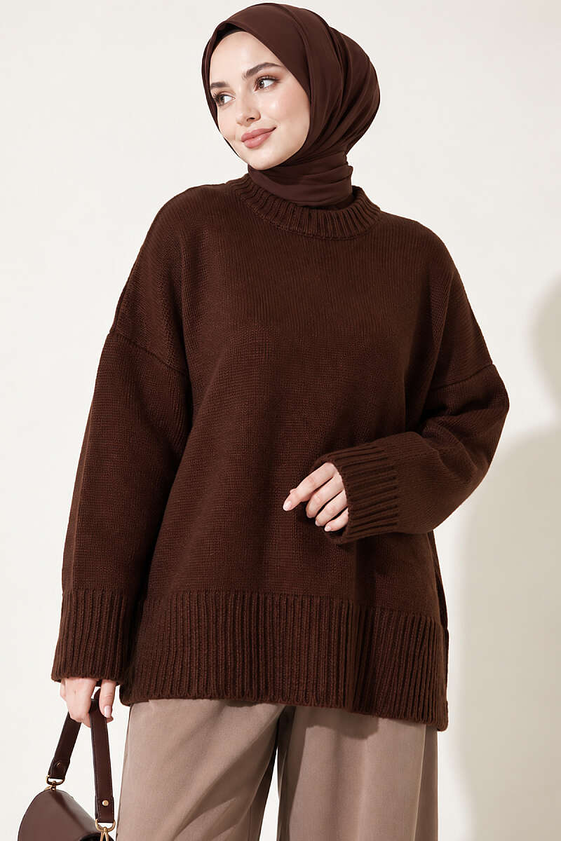 Wide-Sleeve Rib-Knitted Top Brown