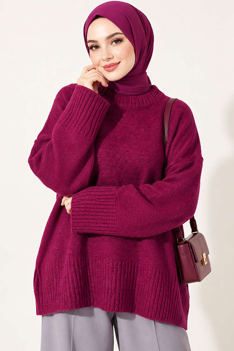 Wide-Sleeve Rib-Knitted Top Magenta