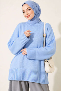 Wide-Sleeve Rib-Knitted Top Blue