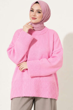 Wide-Sleeve Rib-Knitted Top Pink