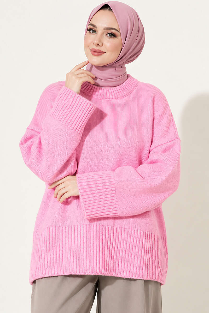 Wide-Sleeve Rib-Knitted Top Pink