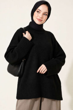 Wide-Sleeve Rib-Knitted Top Black