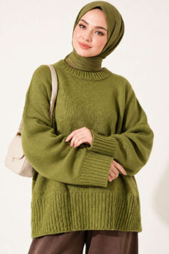 Wide-Sleeve Rib-Knitted Top Green
