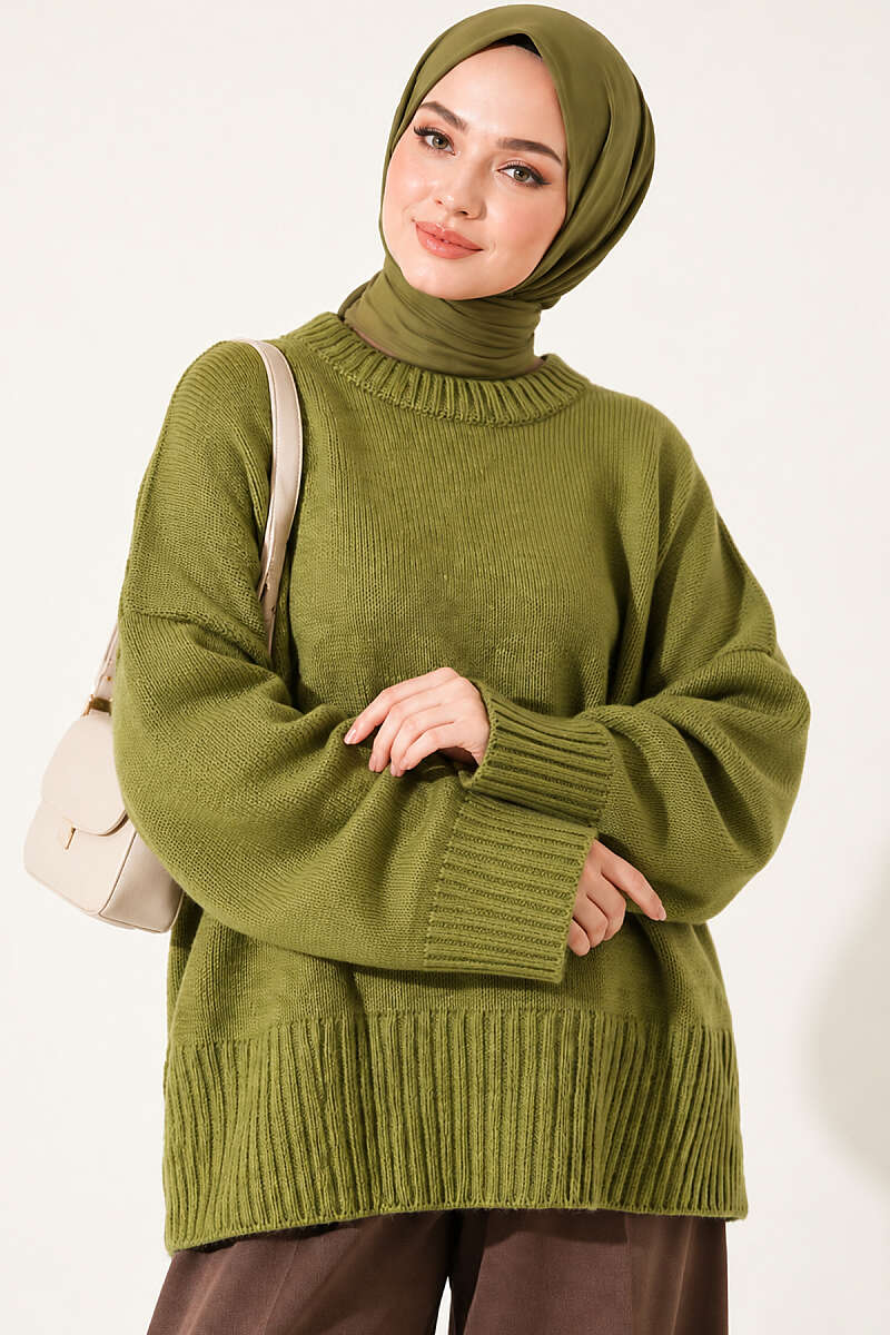 Wide-Sleeve Rib-Knitted Top Green