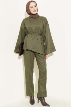 Wide-Sleeve French Terry Two-Piece Set with Belt Khaki