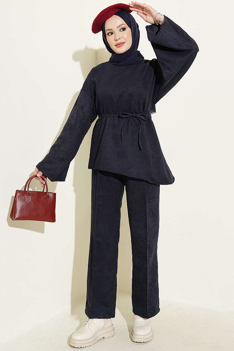 Wide-Sleeve French Terry Two-Piece Set with Belt Navy Blue