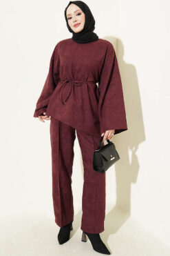Wide-Sleeve French Terry Two-Piece Set with Belt Plum