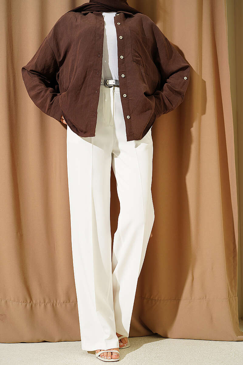Wide Leg Belted Button Pants Ecru