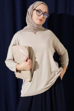 Loose-Collared Knitted Tunic Beige