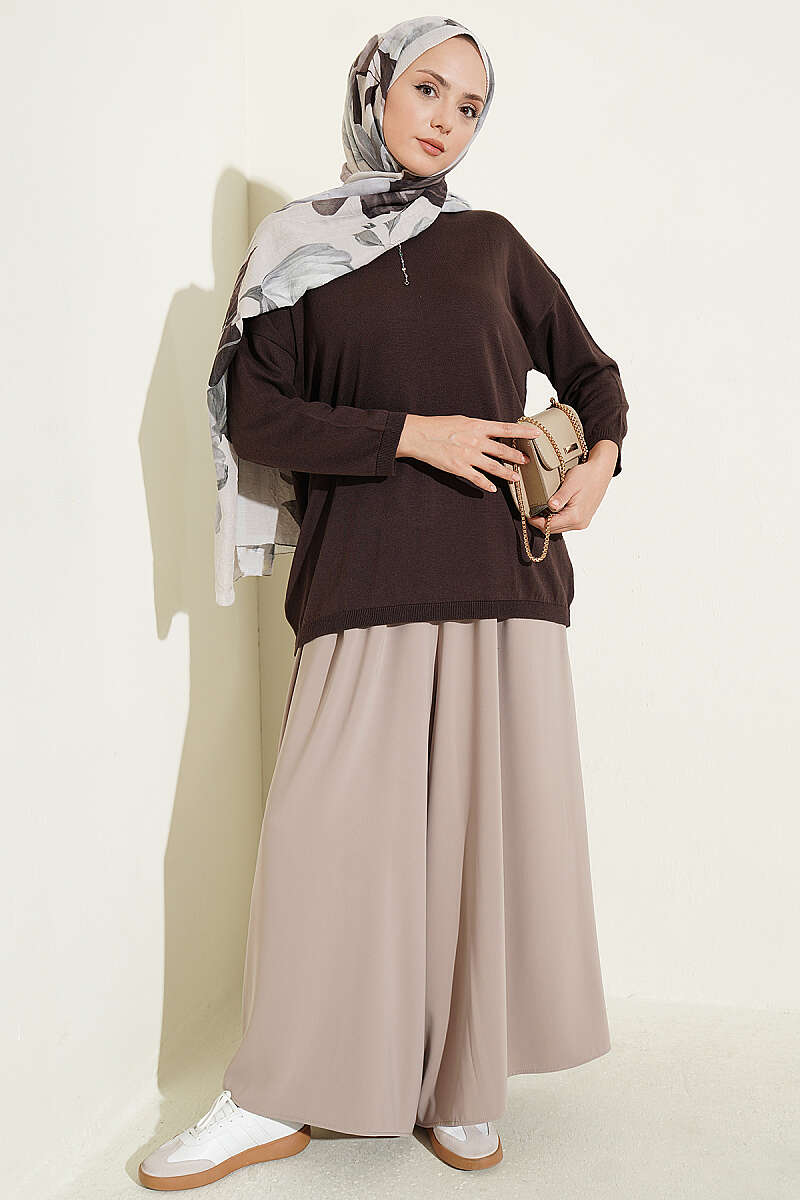 Loose-Collared Knitted Tunic Brown - Imagen 2