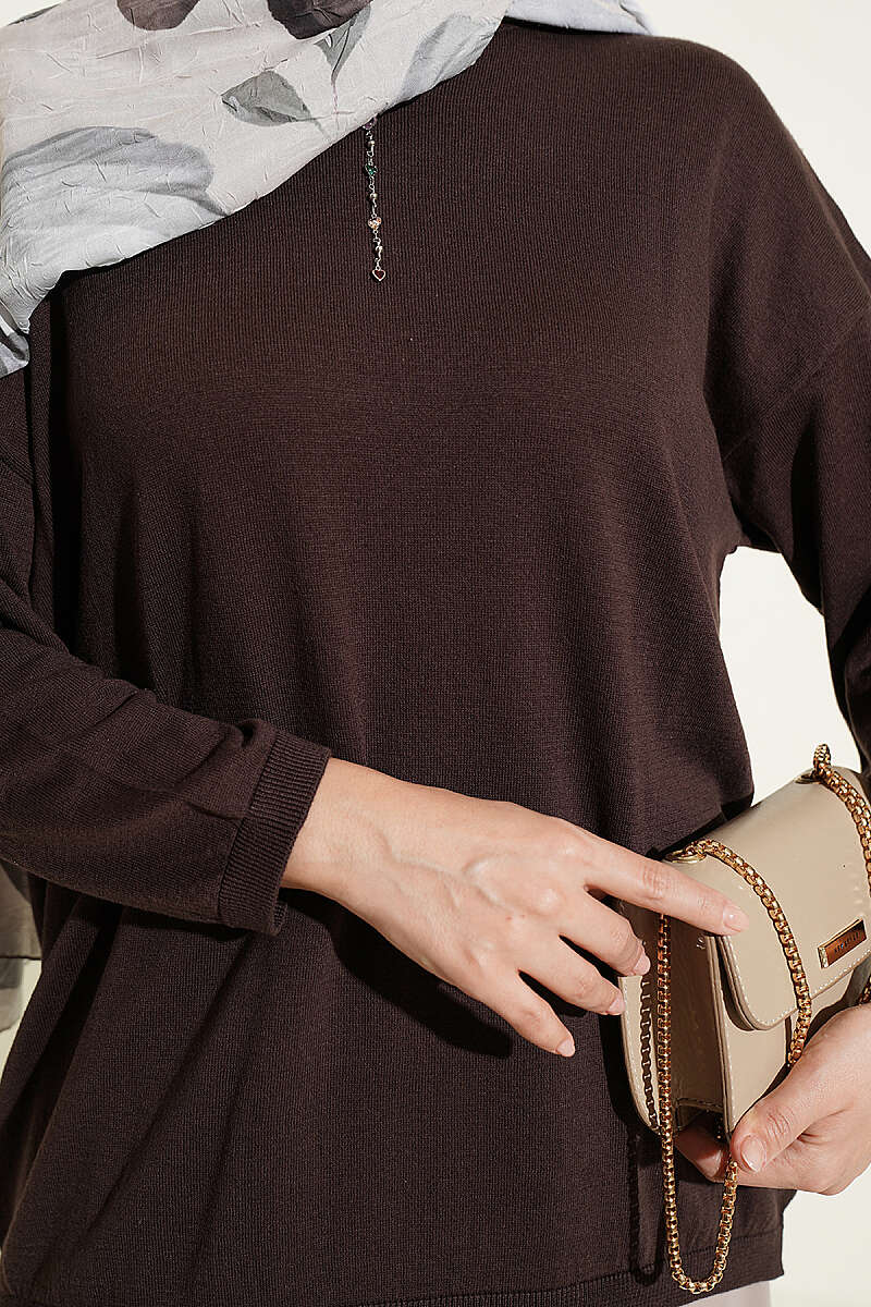 Loose-Collared Knitted Tunic Brown - Imagen 4