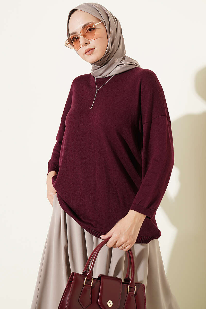 Loose-Collared Knitted Tunic Plum