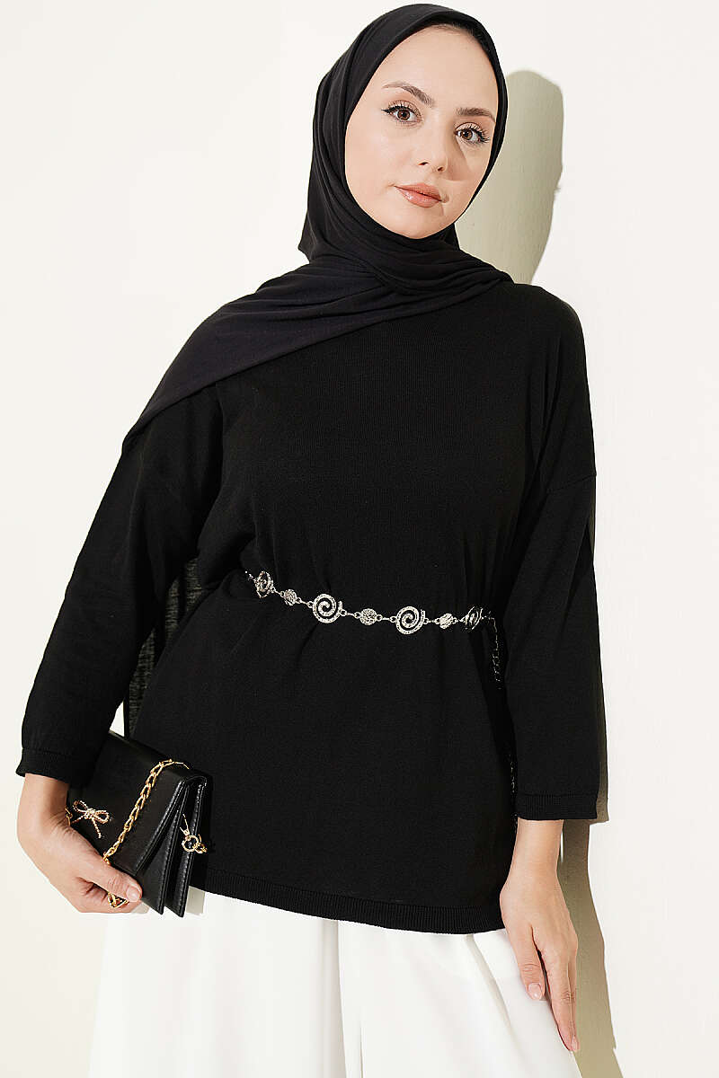 Loose-Collared Knitted Tunic Black