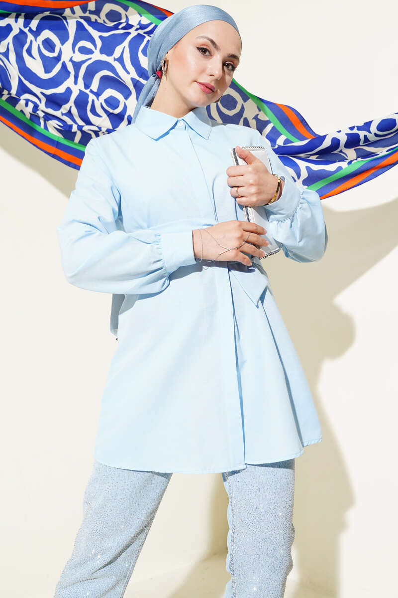 Hidden Button Self-Belted Shirt Baby Blue