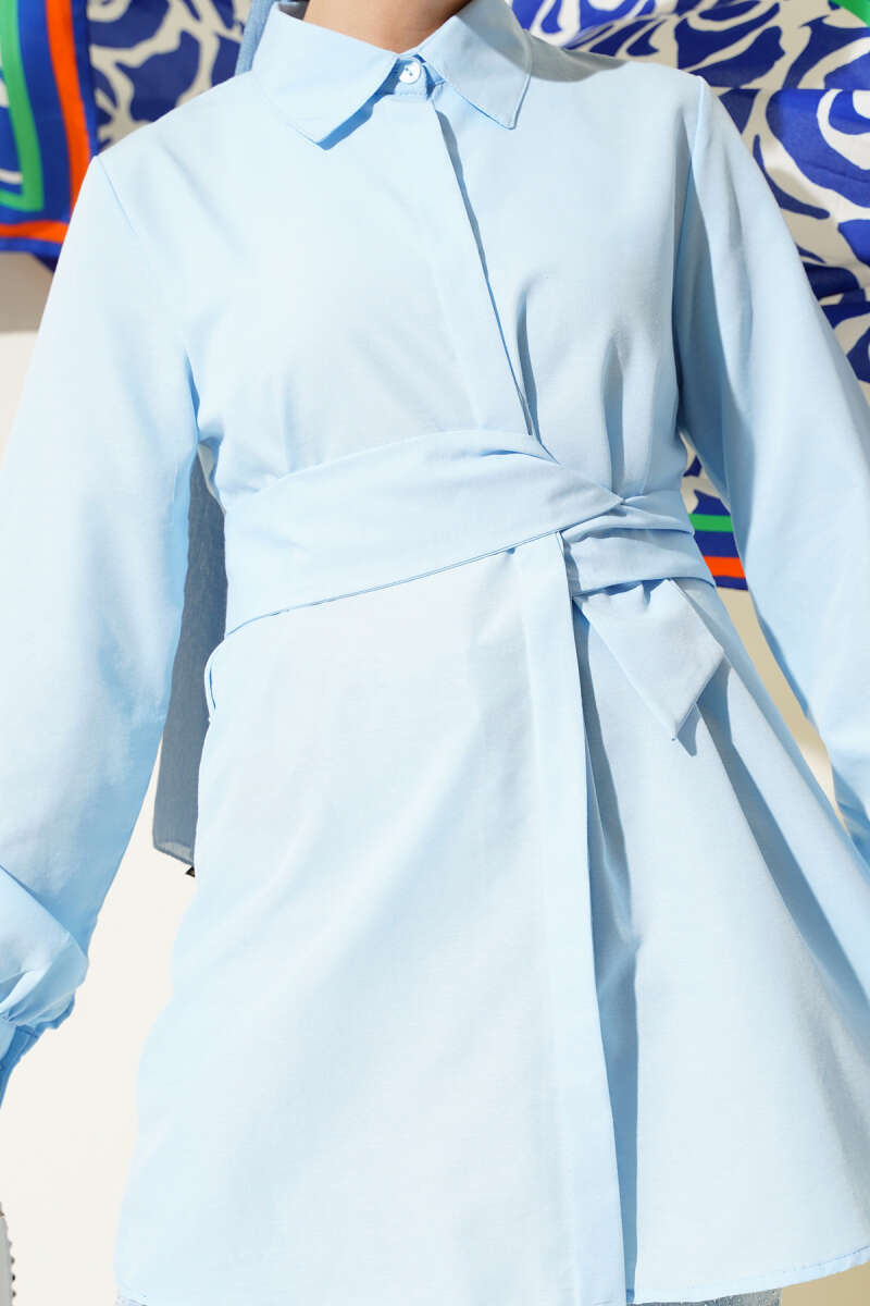 Hidden Button Self-Belted Shirt Baby Blue – Image 4
