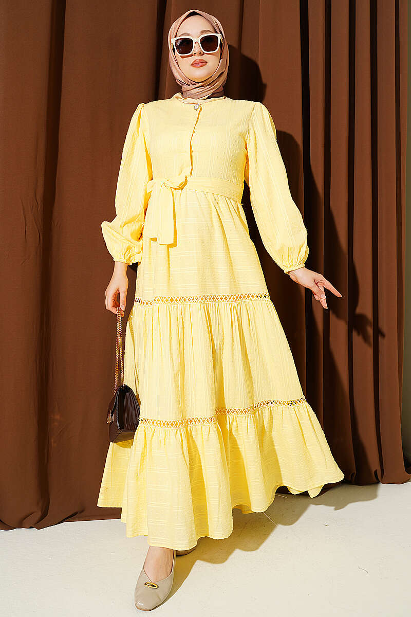 Hidden Button Belted Dress Yellow