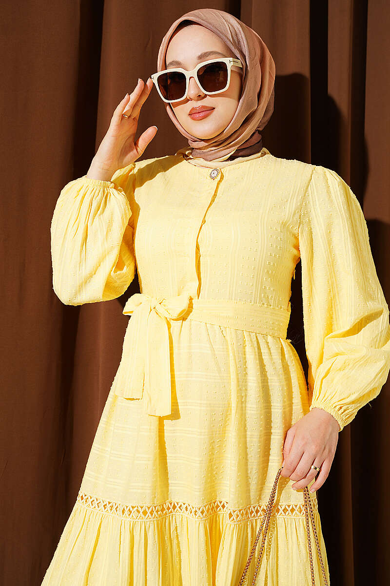 Hidden Button Belted Dress Yellow – Image 2
