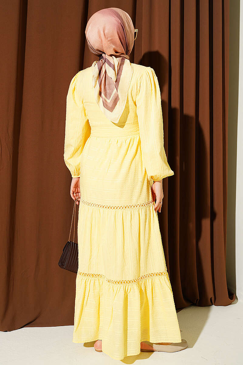 Hidden Button Belted Dress Yellow – Image 3