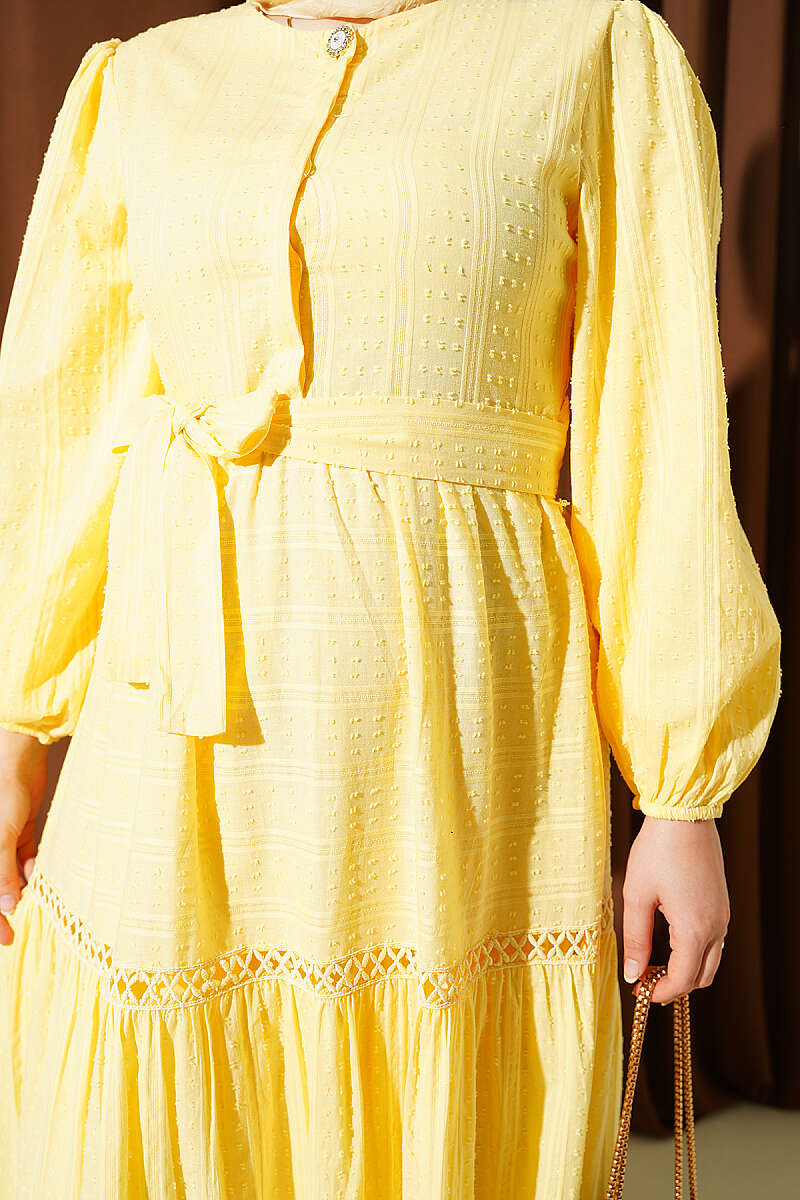 Hidden Button Belted Dress Yellow – Image 4