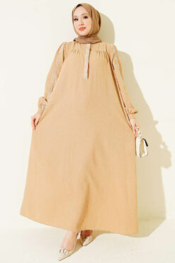 Embroidered Dress with Hidden Buttons Beige