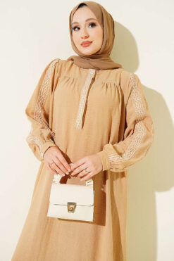Alternative view of Embroidered Dress with Hidden Buttons Beige
