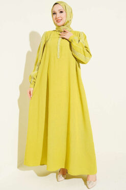 Embroidered Dress with Hidden Buttons Oil Green