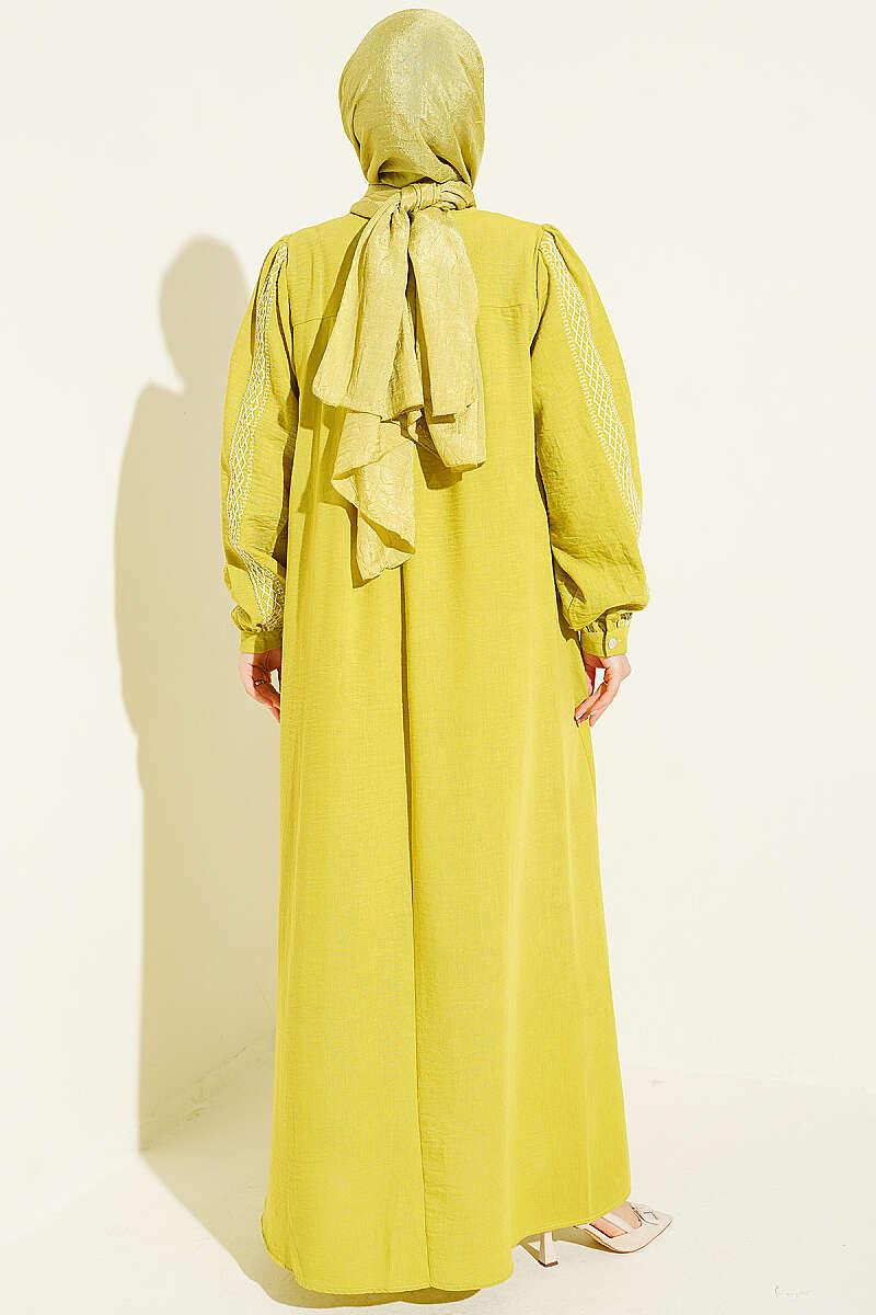 Embroidered Dress with Hidden Buttons Oil Green – Image 3