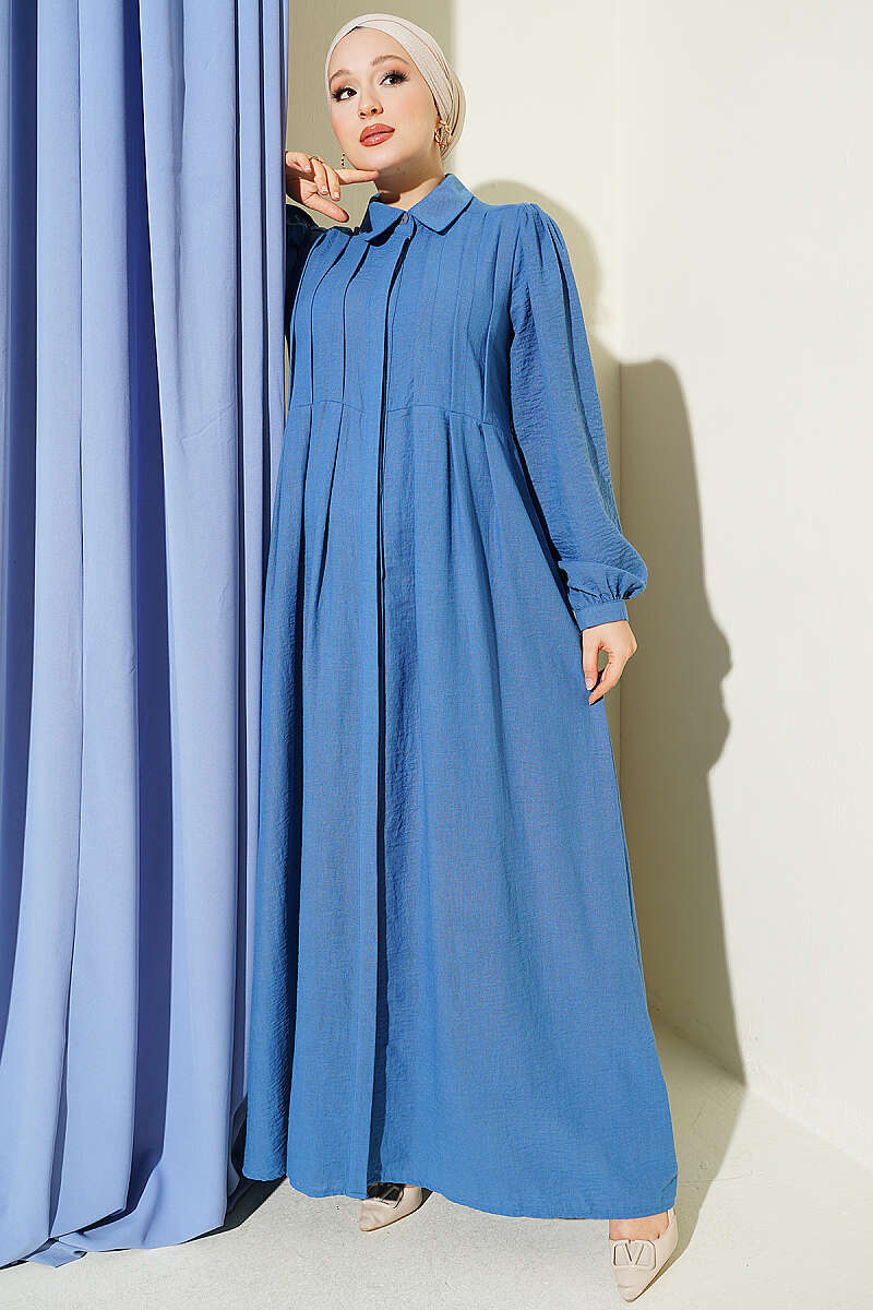 Hidden Button Textured Dress Blue