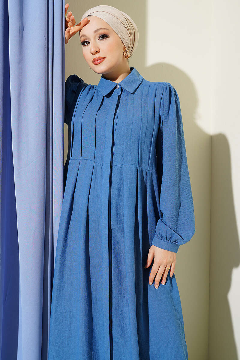 Hidden Button Textured Dress Blue – Image 2