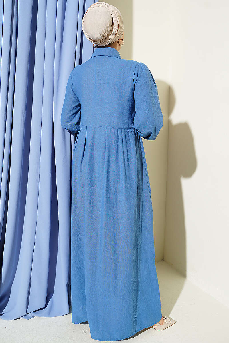 Hidden Button Textured Dress Blue – Image 3