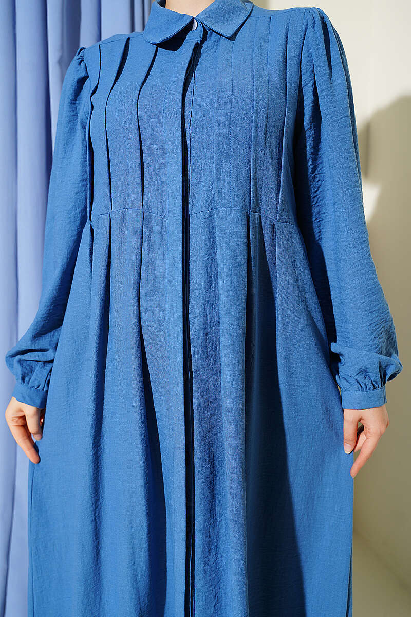 Hidden Button Textured Dress Blue – Image 4