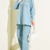 Chest Pocket Drop Beaded Denim Set Light Blue