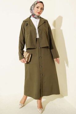 Two-Piece Set with Chest Pocket and Hem Edge Khaki