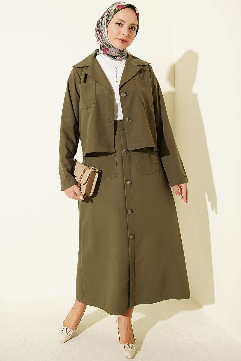 Two-Piece Set with Chest Pocket and Hem Edge Khaki