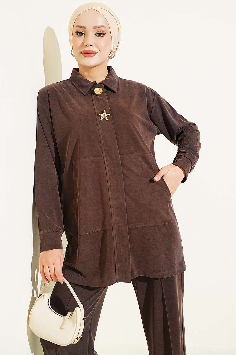 Gold-Accented Tencel Two-Piece Set Brown - Image 2