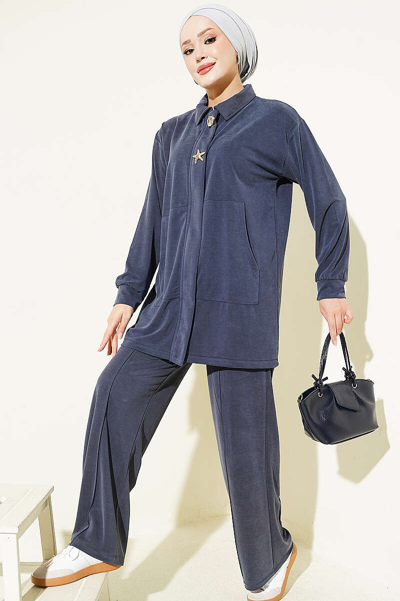 Gold-Accented Tencel Two-Piece Set Navy Blue