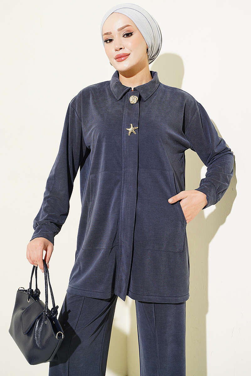 Gold-Accented Tencel Two-Piece Set Navy Blue - Afbeelding 2