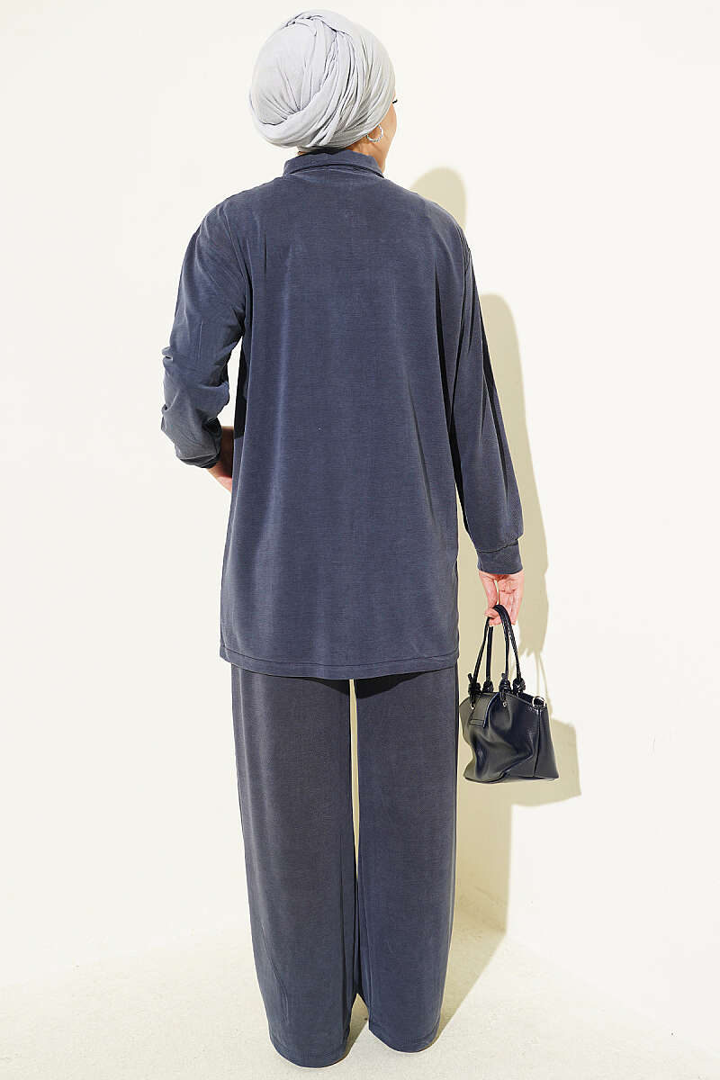 Gold-Accented Tencel Two-Piece Set Navy Blue - Afbeelding 3