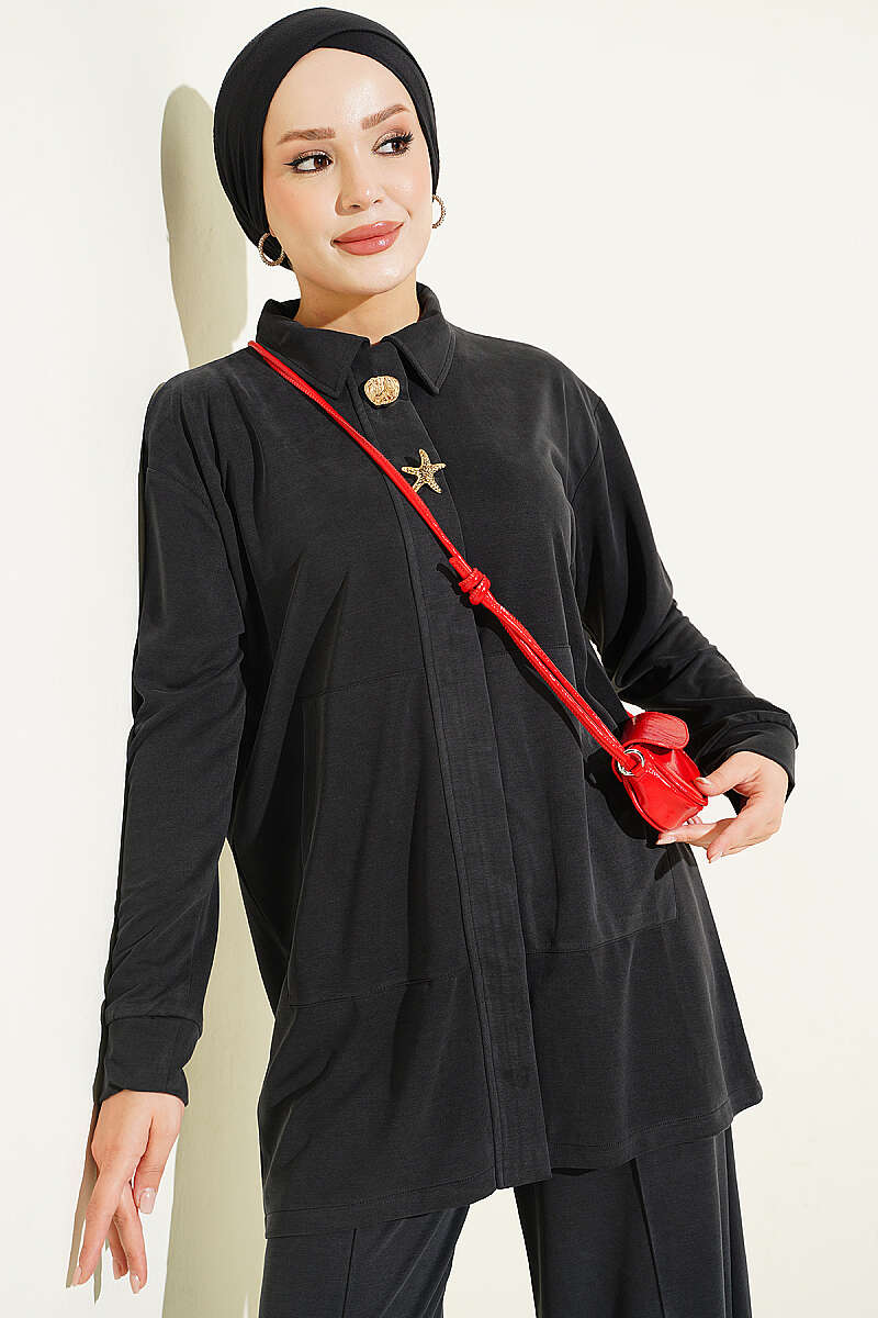Gold-Accented Tencel Two-Piece Set Black - Image 2