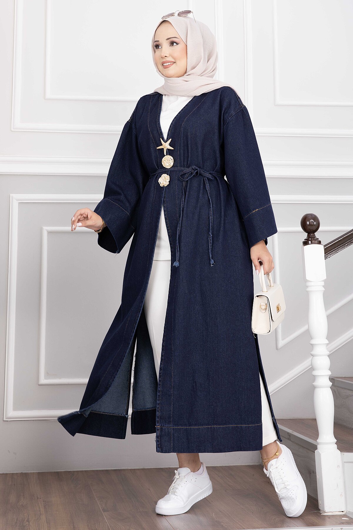 Long denim kimono with gold brooch and tie closure Navy Blue – Bild 6